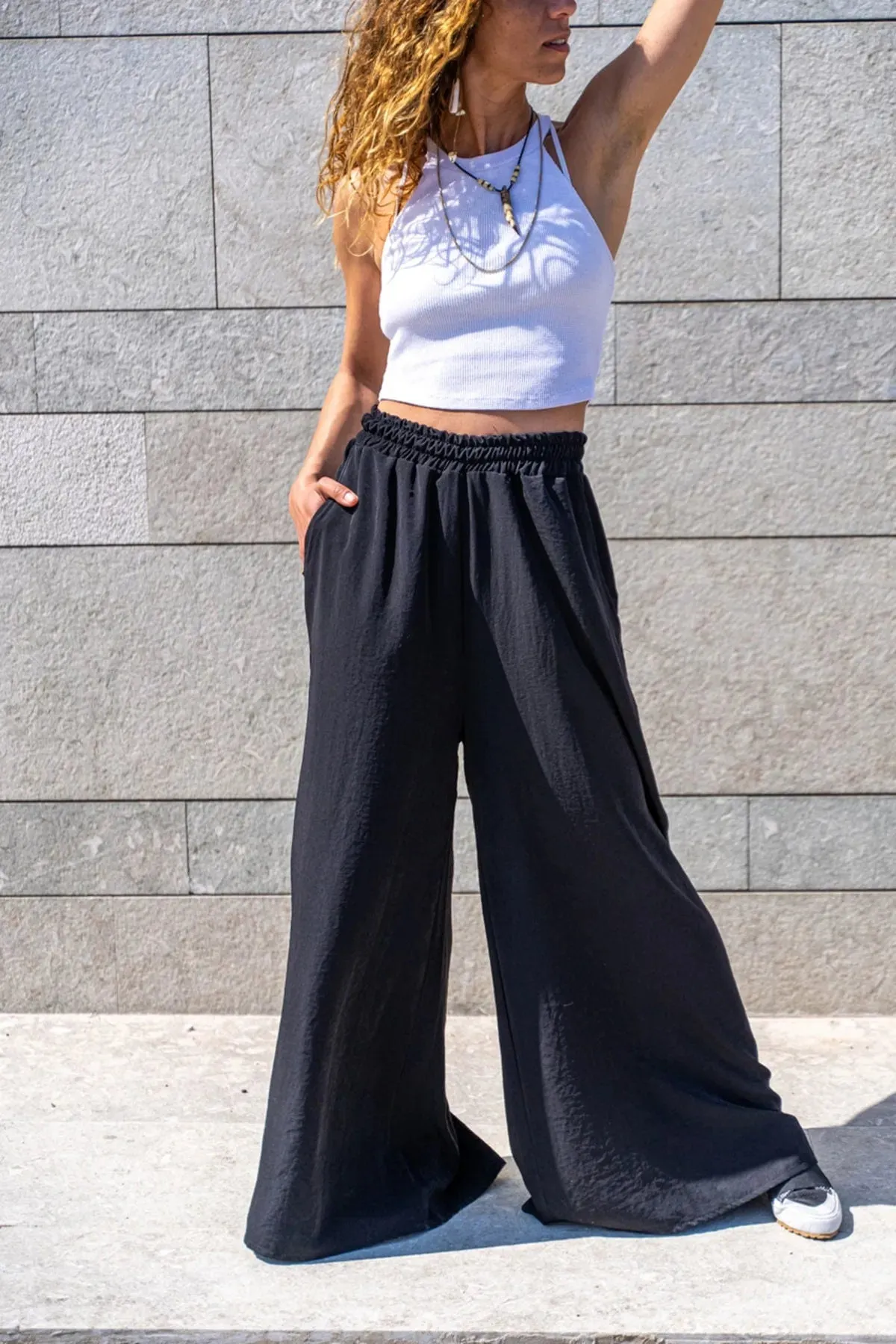 Wide Leg Soft Textured with Pockets Elastic Waist Loose Trousers,Linen Pants,Casual Pants,Bohomian Pants,Summer Pants, Women Pants