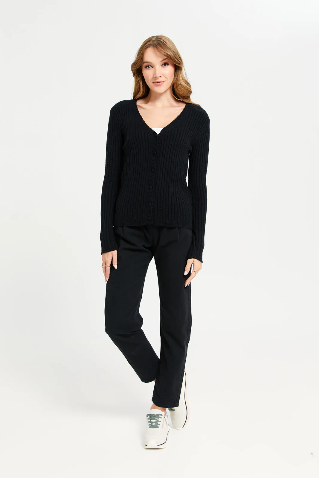 Women Black V Neck Knitted Cardigan