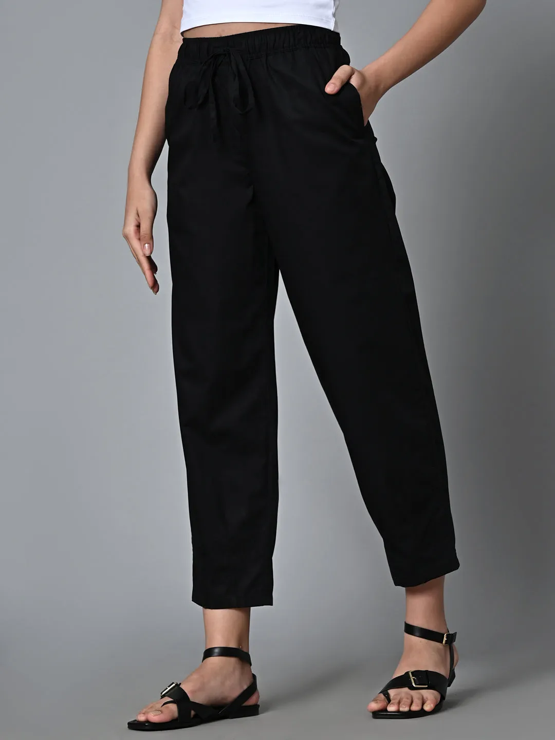 Women's Black Cotton Regular Fit Pant