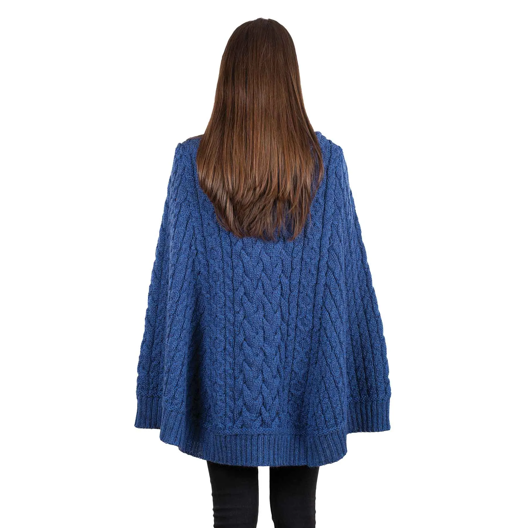 Women's Cowl Neck Button Poncho, Marl Blue