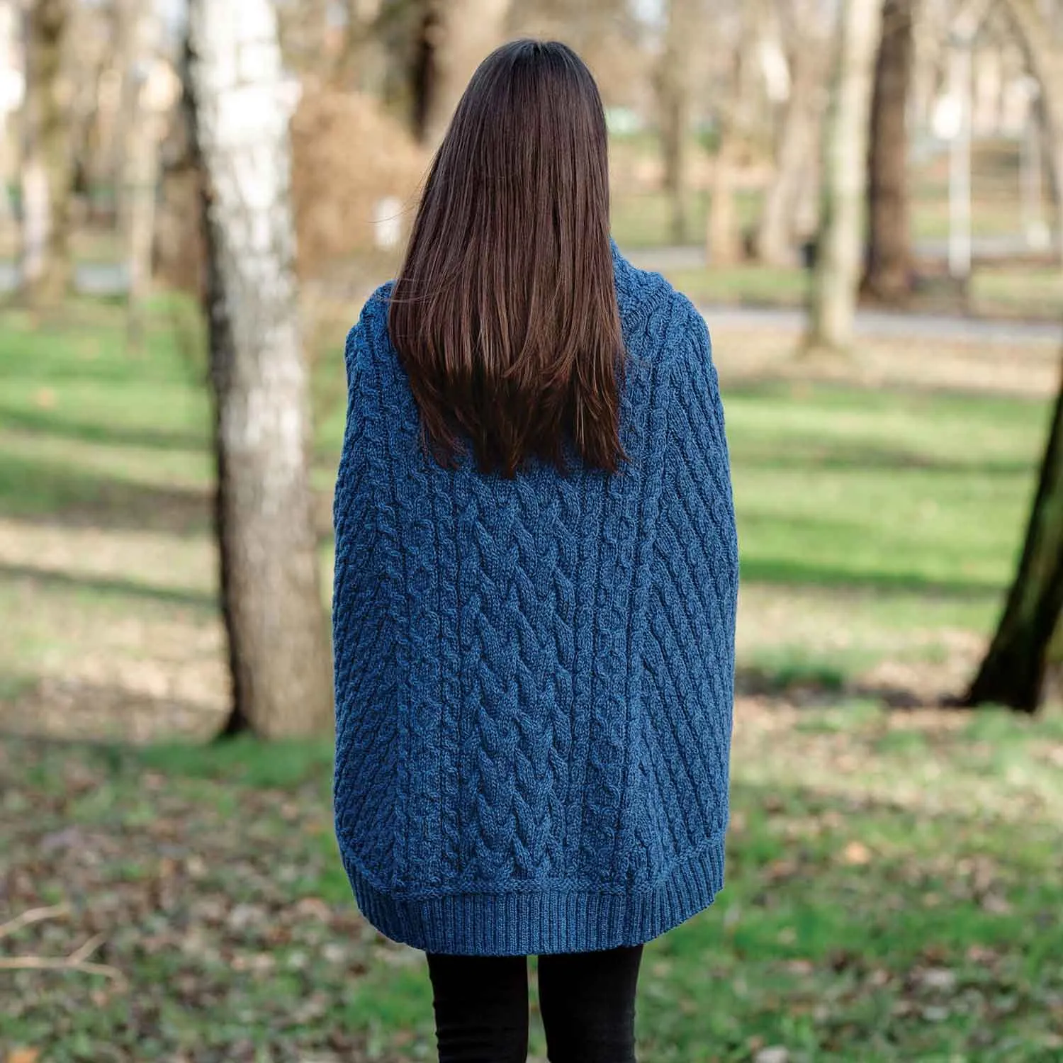 Women's Cowl Neck Button Poncho, Marl Blue