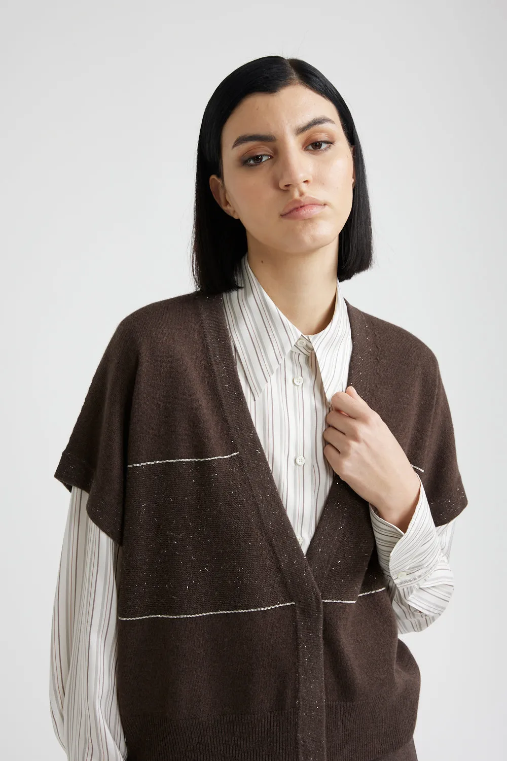 Wool, silk, cashmere and lurex short sleeve cardigan